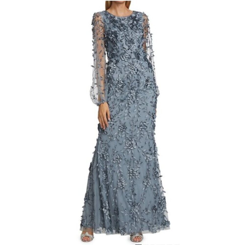 Theia $1295 Floral Mesh Long-Sleeve Gown Blue Formal Evening Dress Size 4 NWT - Picture 4 of 10